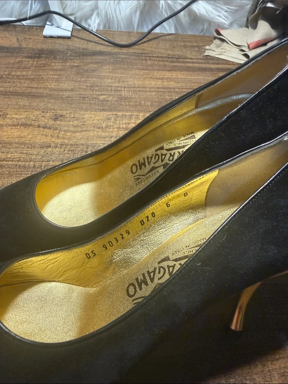 Salvatore Ferragamo Black Suede Pointed Pumps with Gold Insole
